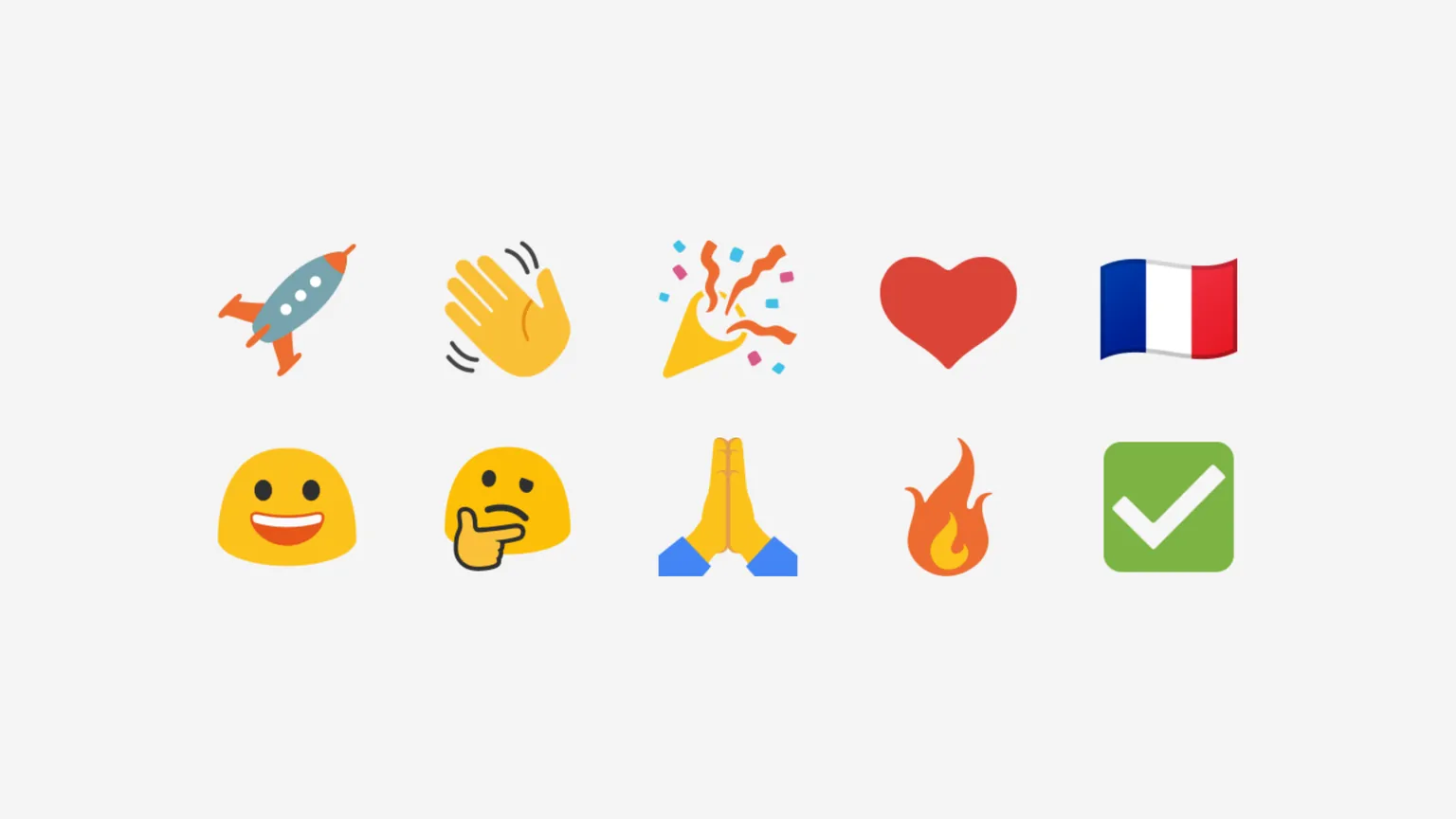 🚀 👋 🎉 ❤️ 🇫🇷 😀 🤔 🙏 🔥 ✅ rendered with the blobmoji set