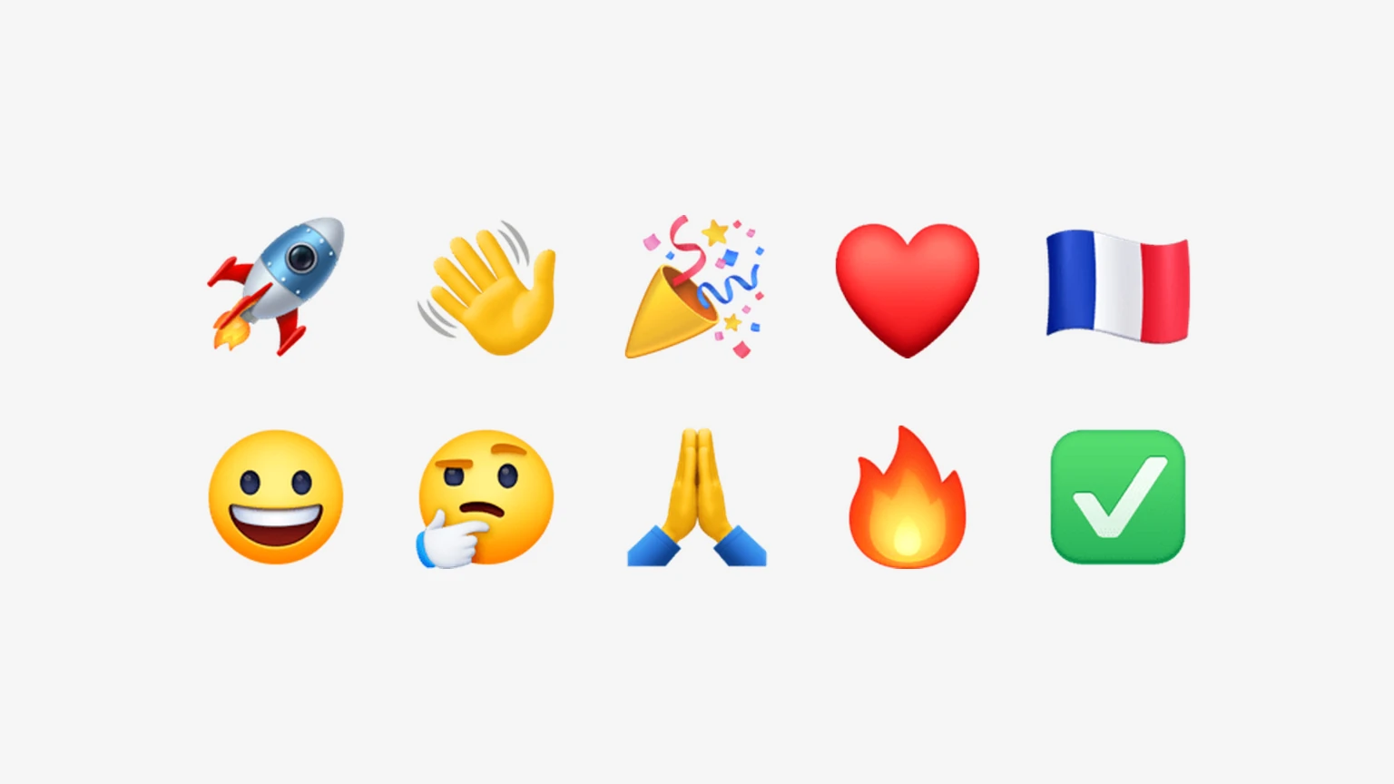 🚀 👋 🎉 ❤️ 🇫🇷 😀 🤔 🙏 🔥 ✅ rendered with the facebook set