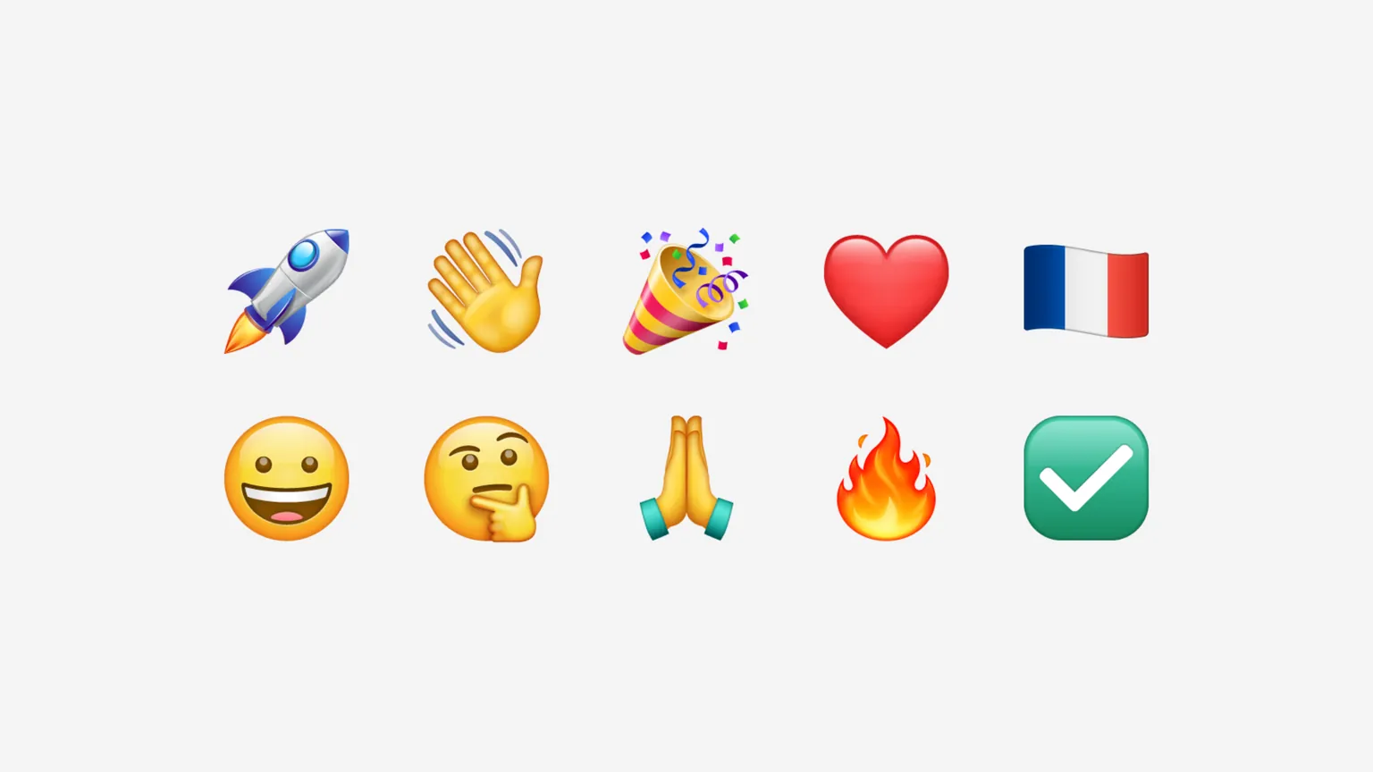 🚀 👋 🎉 ❤️ 🇫🇷 😀 🤔 🙏 🔥 ✅ rendered with the whatsapp set